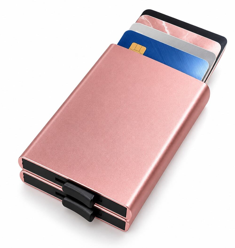 RFID Card Case Pop Up Wallet 2 Slot Credit Card Holder Slim Aluminum Pink Shiny